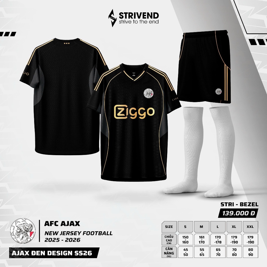 Bộ quần áo bóng đá Ajax đen viền đồng thun mè Stivend SS26