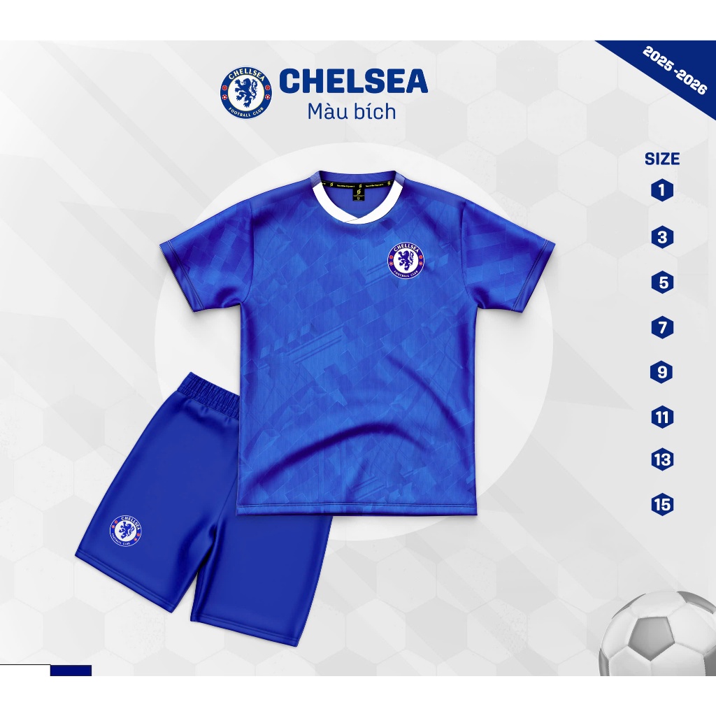 Áo Bóng Đá Trẻ Em Chelsea Xanh 2025 Mới Nhất - Áo Đá Banh Hình Thực - Có In Tên Số
