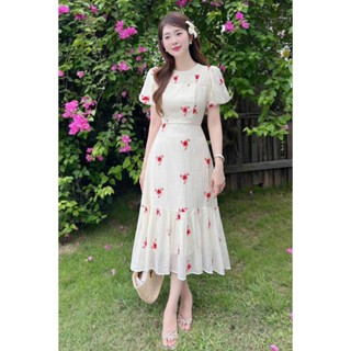 Đầm dự tiệc sang trọng thời trang nữ chất tơ IN hoa cổ tròn tay ngắn dáng váy chữ A kèm lót dài maxi