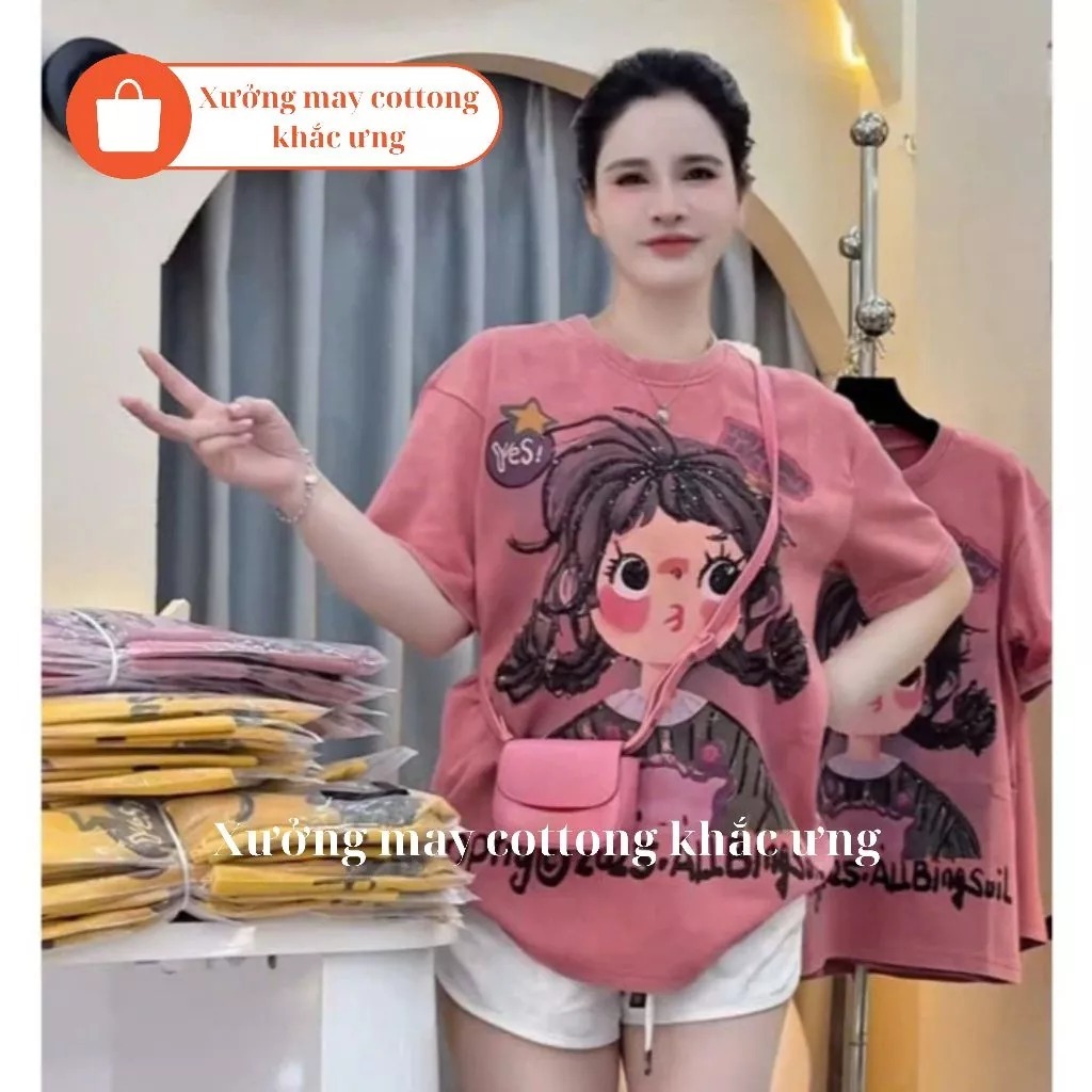 Áo Phông Kim Sa Cô Gái Tết Tóc In Hình 2 Mặt Dáng Thụng Giấu Quần Chất Cotton Mịn Mát Hồng Vàng Nữ Top Women Loa | BigBuy360 - bigbuy360.vn
