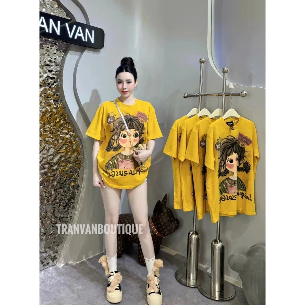 Áo Phông Kim Sa Cô Gái Tết Tóc In Hình 2 Mặt Dáng Thụng Giấu Quần Chất Cotton Mịn Mát Hồng Vàng Nữ Top Women Loa | BigBuy360 - bigbuy360.vn