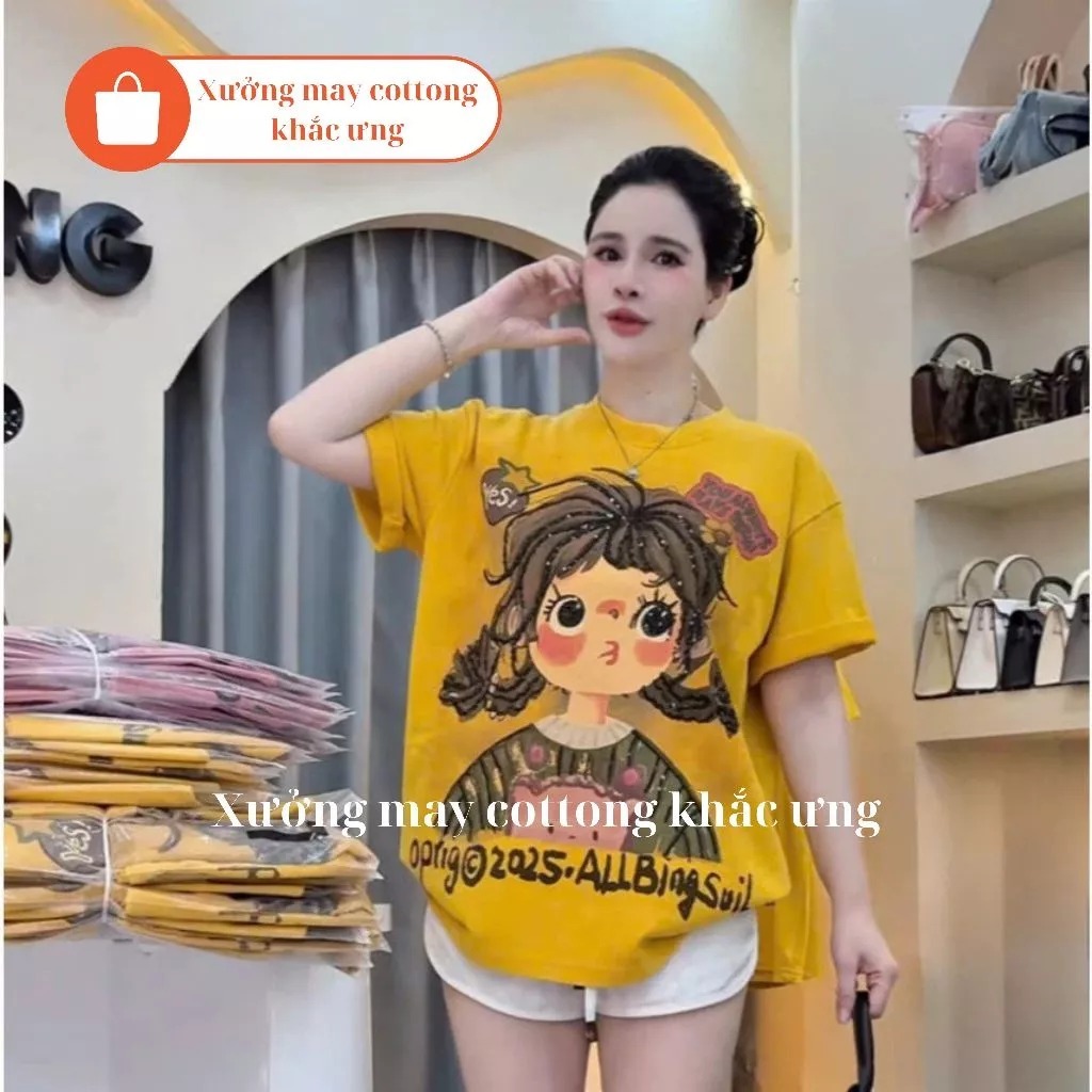 Áo Phông Kim Sa Cô Gái Tết Tóc In Hình 2 Mặt Dáng Thụng Giấu Quần Chất Cotton Mịn Mát Hồng Vàng Nữ Top Women Loa | BigBuy360 - bigbuy360.vn