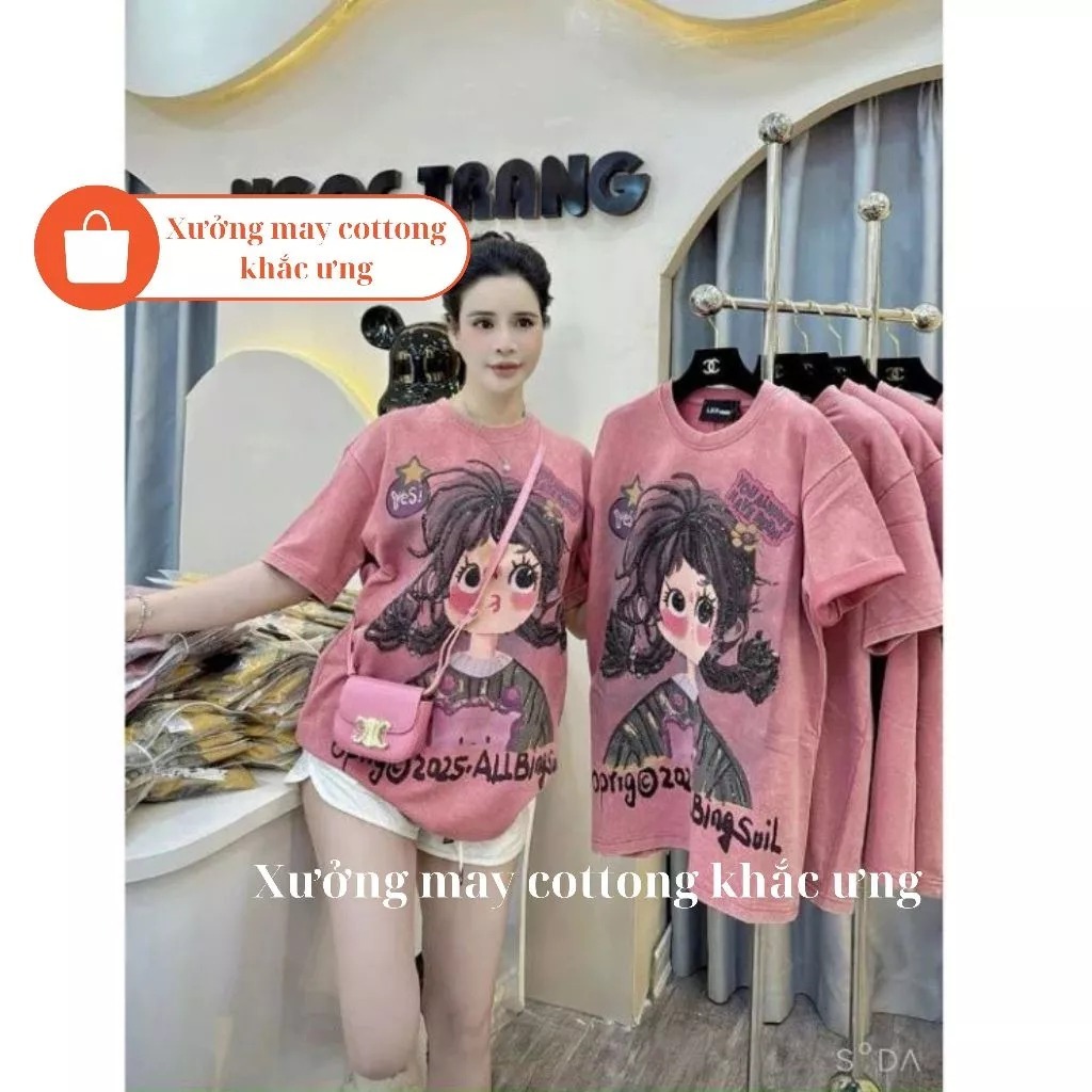 Áo Phông Kim Sa Cô Gái Tết Tóc In Hình 2 Mặt Dáng Thụng Giấu Quần Chất Cotton Mịn Mát Hồng Vàng Nữ Top Women Loa | BigBuy360 - bigbuy360.vn