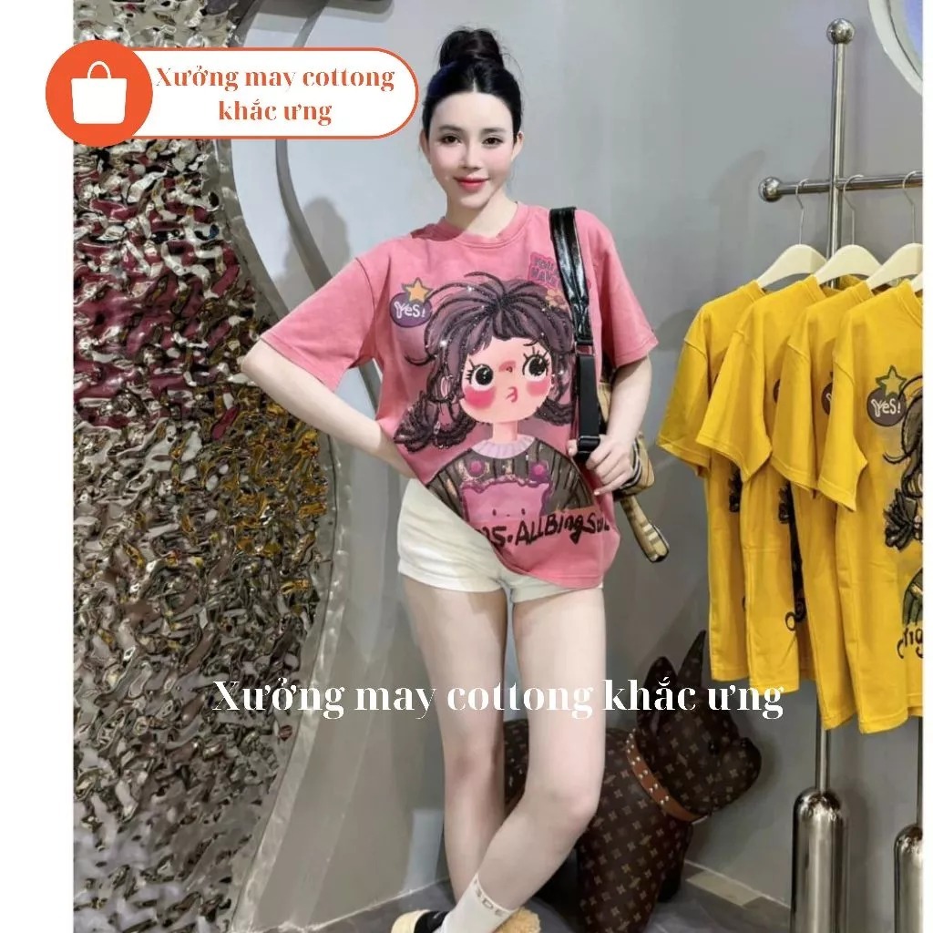 Áo Phông Kim Sa Cô Gái Tết Tóc In Hình 2 Mặt Dáng Thụng Giấu Quần Chất Cotton Mịn Mát Hồng Vàng Nữ Top Women Loa | BigBuy360 - bigbuy360.vn