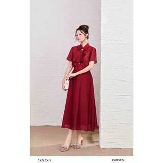 Set bộ thiết kế áo sơ mi phối chân váy dáng xòe điểm nhấn cà vạt cách điệu chất tơ nhăn YOONA -EH13X574