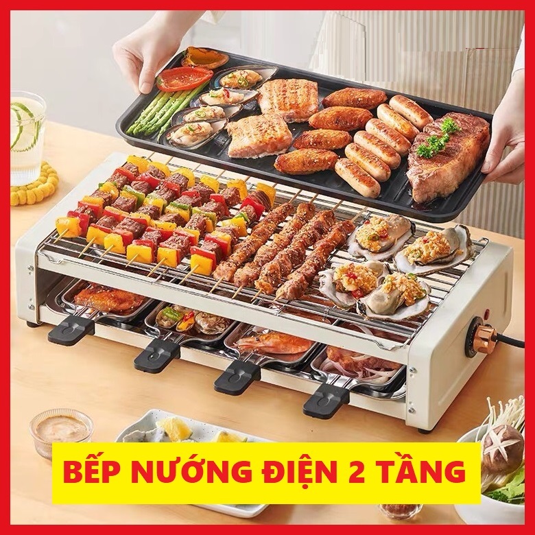  Bếp Nướng Điện 2 Tầng Không Khói BBQ 1800W chống dính tốt toả nhiệt đều dẫn nhiệt nhanh 