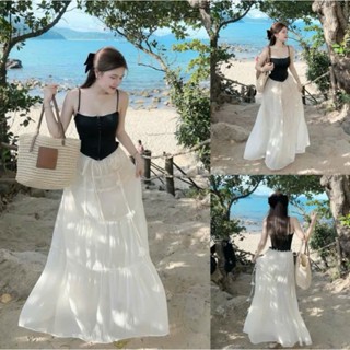 Sét váy nữ đi biển, đi chơi đều xinh sét áo tăm lạnh có mút 2 dây viền ren vạt bầu phối chân váy tơ dáng dài kèm dây hoa