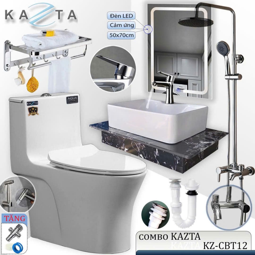 COMBO Thiết Bị Nhà Tắm Cao Cấp KAZTA KZ-CBT12: Bồn cầu xả xoáy nắp êm, Lavabo đặt bàn đá, gương đèn, Sen tắm đứng,..