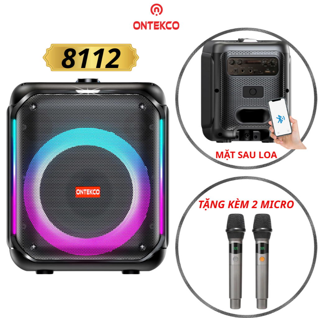Loa di động ONTEKCO partybox 8112 bass 20 siêu trầm, công suất 40W kèm 2 micro chống hú