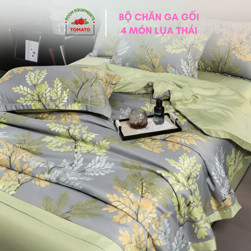 Bộ chăn ga gối lụa thái 4 món nhập khẩu chất vải thoáng khí, Chăn mền ga giường nhiều size bo thun n