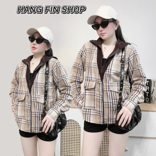 Áo Khoác Sơ Mi Dạ Caro Flannel Phối Nón Thun Gân, Tay Dài, Form Rộng Năng Động, Trẻ Trung by Hangfinshop, Nữ Top Jacket