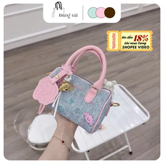 Túi xách tay nữ chio 2nd, túi mini dáng hộp vải jean thêu hoạt hình kèm charm gấu và tag size dễ thương - TDC109