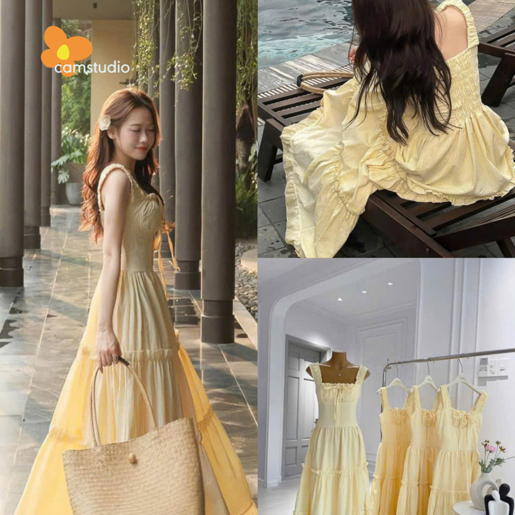 Đầm Nữ 2 Dây Dài Maxi Kẻ Sọc Bèo Nhún Thắt Nơ Ngực Bo Chun Trễ Vai Đi Biển Tiểu Thư - CAM STUDIO