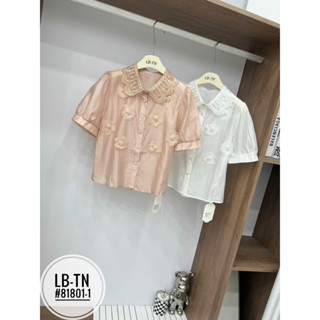 Áo sơ mi tơ cổ ren đính hoa nổi cúc ngọc cộc tay #81801-1