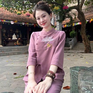 Bộ đồ lam đi Chùa nữ bộ pháp phục đi chùa áo phật tử thêu hoa sen kết hợp chữ an nút gài bọc vải