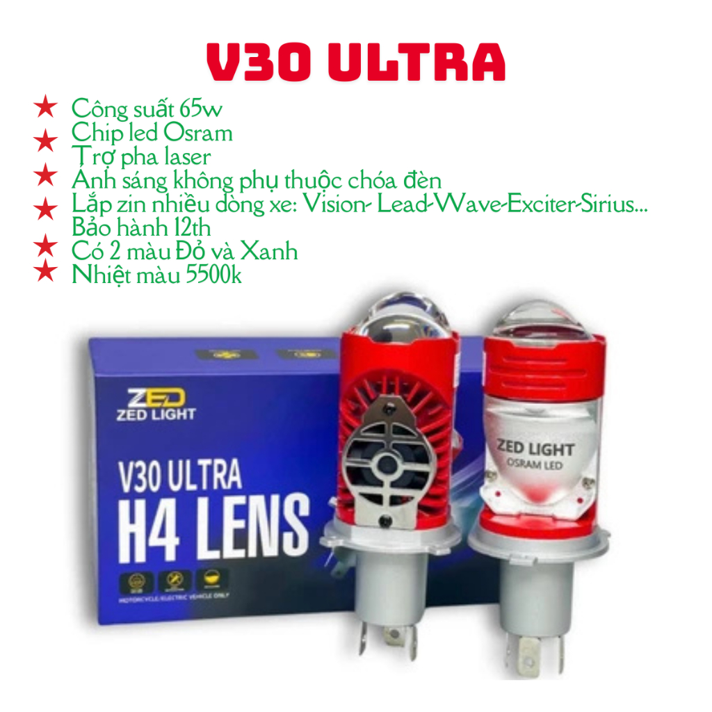 Đèn pha led bi cầu mini V30 Ultra Zed light chân H4 công suất 65w trợ pha laser cắt sáng chống chói