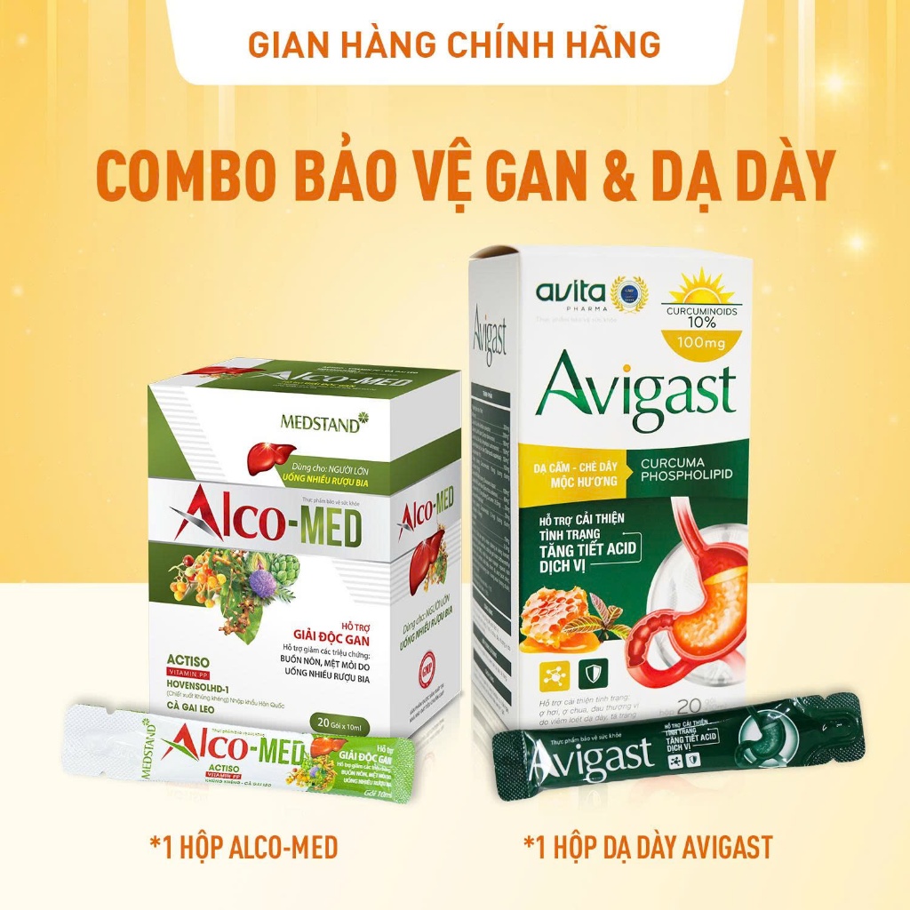 COMBO BẢO VỆ GAN VÀ DẠ DÀY (1 hộp giải rượu Alcomed và 1 hộp dạ dày Avigast)