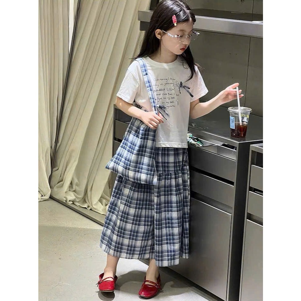 [B&G] Sét áo thun cotton trắng kèm chân váy caro dài cho bé gái từ 12-45kg(2-12 tuổi)