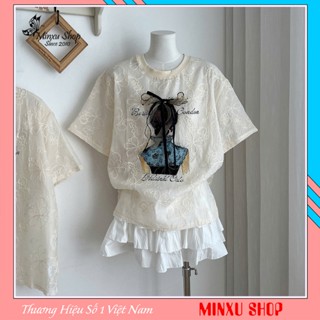 Áo Phông Ren Hoa Cổ Tròn In Hình Cô Gái Thắt Nơ Hàng QC Minxu Shop CK95