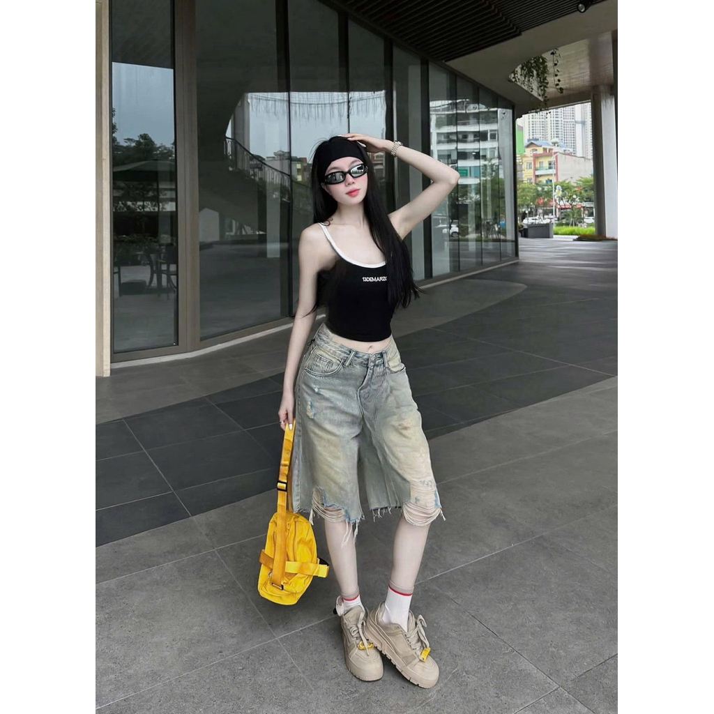 AN JEAN Quần ngố Jean Nữ Rách Gối Form Rộng Wash Bạc Cá Tính