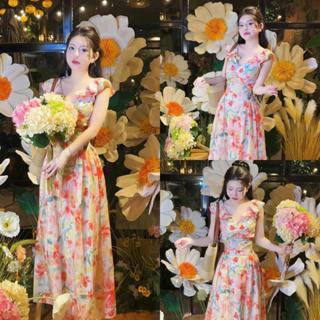 F67 Váy hoa cam tay cánh tiên xoè dáng dài