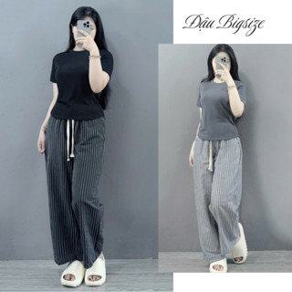 Set đồ bigsize nữ áo thun tay ngắn cổ tròn kèm quần suông kẻ sọc chất vải mềm ít nhăn - G244+Q560
