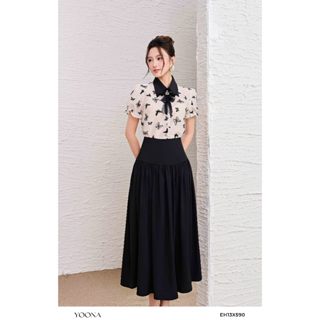 Set bộ thiết kế áo sơ mi phối chân váy xòe điểm nhấn nơ hoa trước cổ chất tơ YOONA -EH13X590