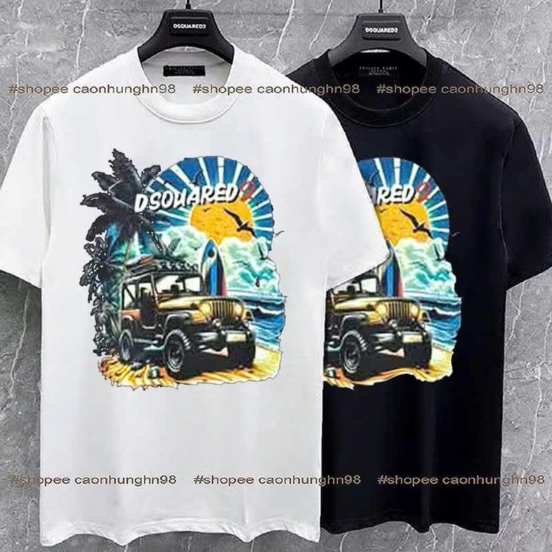 Áo phông cổ tròn DSQ họa tiết cây dừa biển in sắc nét. TÁo thun nam nữ chất cotton  SU THOÁNG MÁT