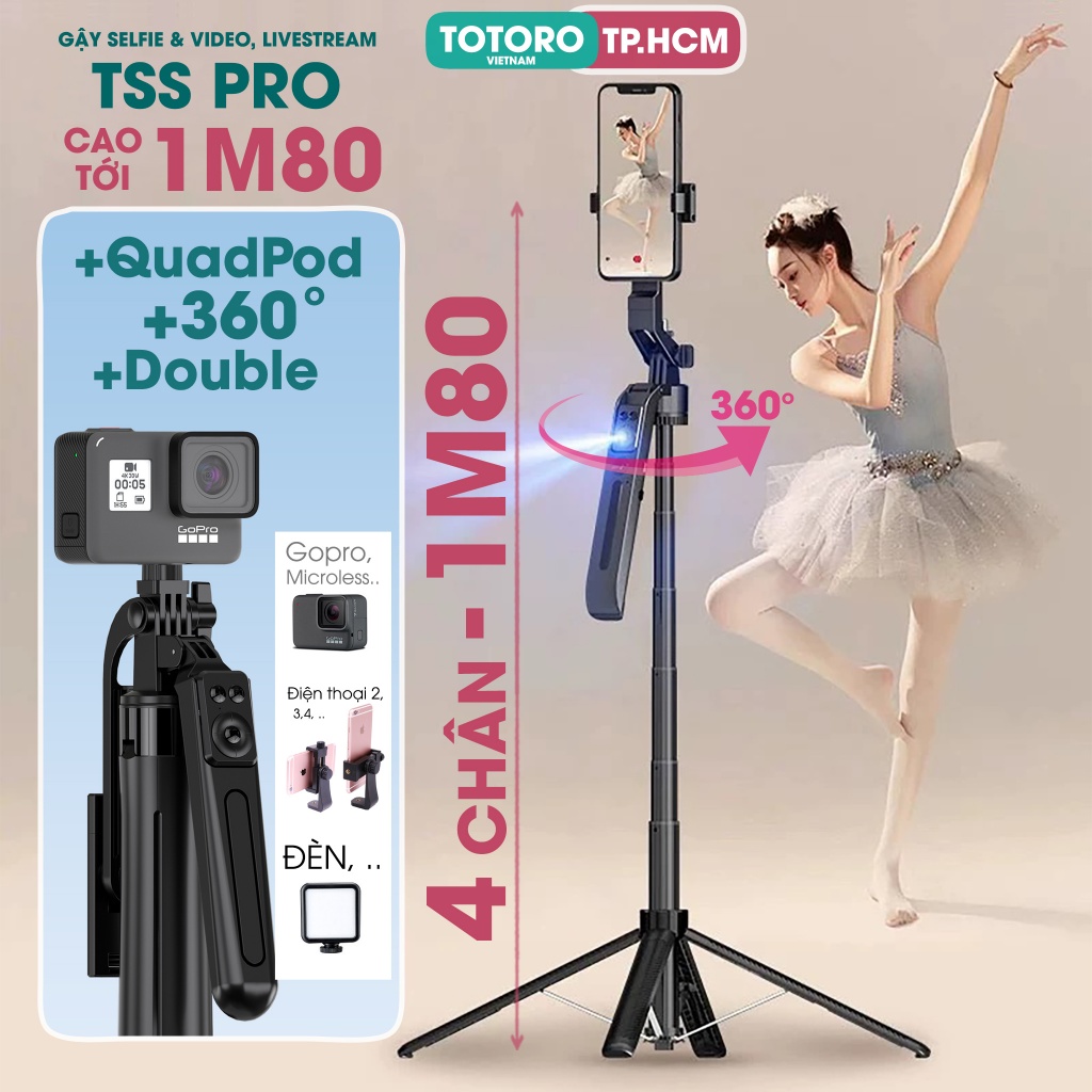Gậy chụp ảnh 4 chân Tripod điện thoại TSS PRO 1M80 Cây chụp hình Selfie cầm tay 3 chân Quadpod - Quay Video - Livestream