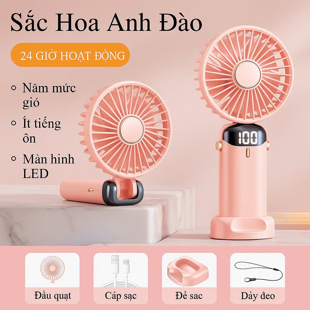 Quạt Sạc Cầm Tay Mini Pin Lâu, Gió Mạnh, Màn Hình Hiển Thị LED, Thiết Kế Gập Gọn Tiện Dụng Đa Năng