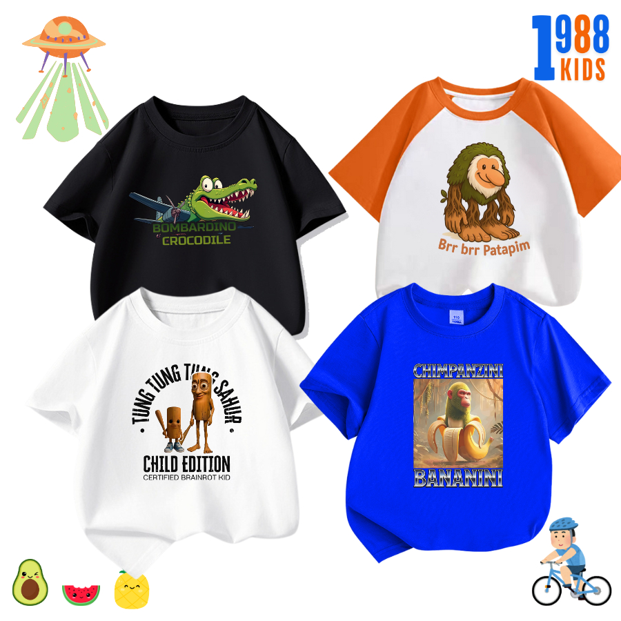 Áo thun bé trai, bé gái in hình meme Tungtuntung sahur, Brr brr patapin, Chimpanzini bananini,baller