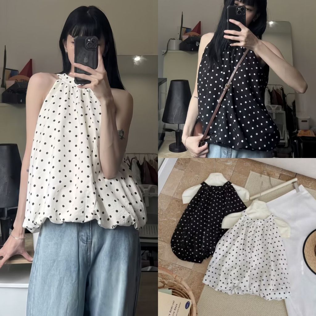 Áo Cổ Yếm Chấm Bi Lớn Dáng Bí Phồng Siêu Xinh, Labibi