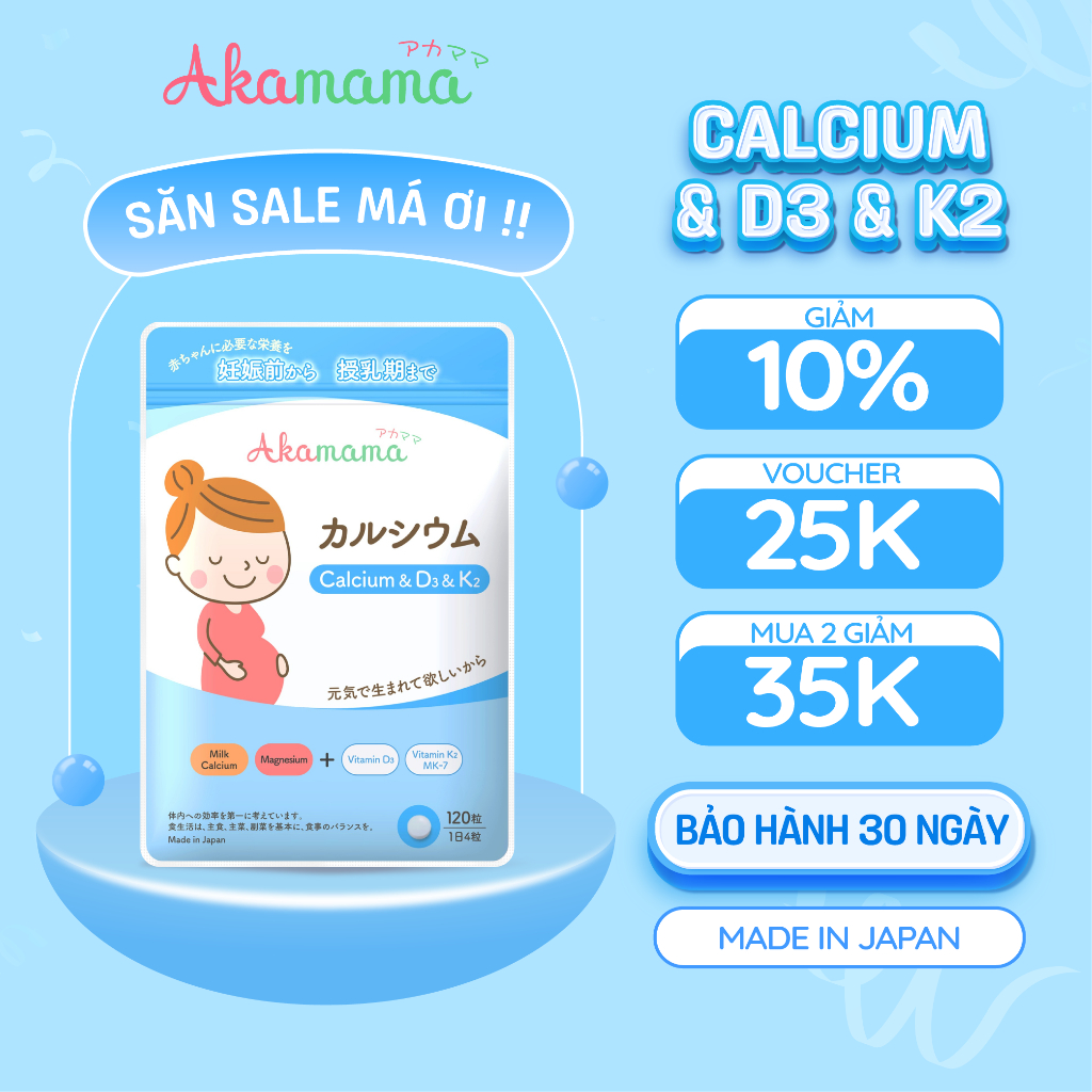 CANXI SỮA cho bà bầu Akamama - Nhật Bản, hỗ trợ phát triển hệ xương của thai nhi, viên nhỏ, không vị, dễ uống - 120 viên