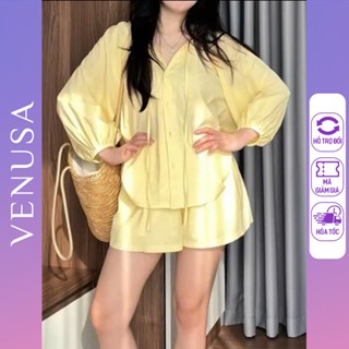 Set bộ nữ BIGSIZE áo sơ mi dài chun tay vàng mix quần sooc dáng basic phù hợp đi du lịch, đi biển Venusa Store