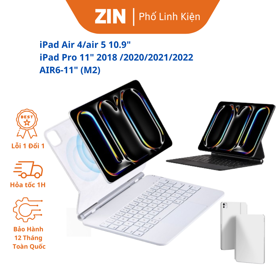 [Hoả Tốc 1H] Bao da bàn phím Ipad từ tính, Ốp lưng hút nam châm cho Ipad M2, Pro 2018- 2024, Air4/5/6 10.9/11 inch
