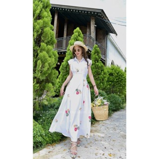 Bonnie Dress trắng váy xòe thiết kế cổ sơ mi thanh lịch thắt eo tôn dáng chất lụa mịn có túi Emera