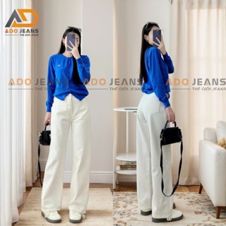 Quần jean dài nữ ống suông lưng cao màu Trắng basic ADO JEANS