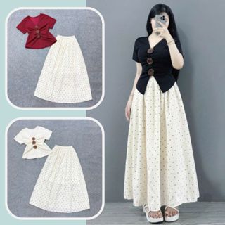  Set Bigsize Nữ Nàng Thơ Áo Cổ Tim Đính Hoa Kèm Váy Dài Chấm Bi SET  A275 CV422  