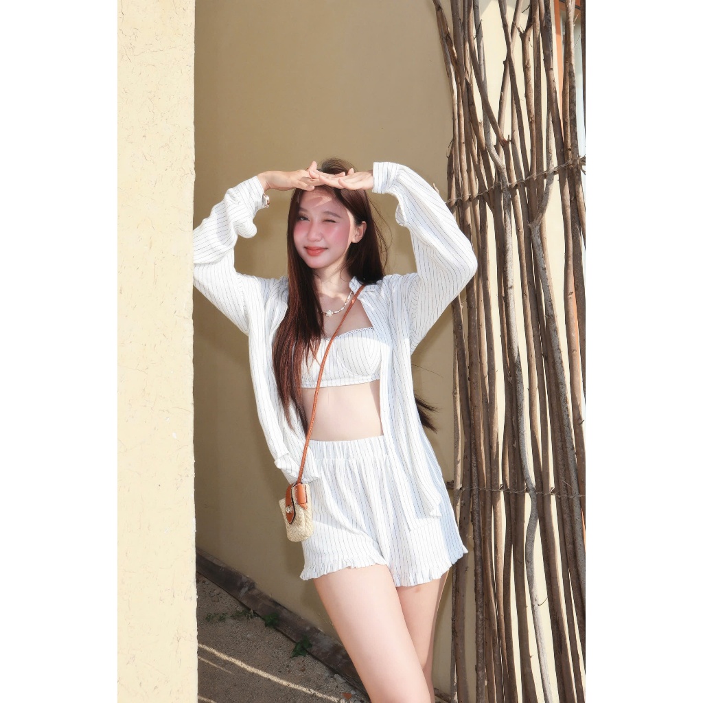 Beachclun_Set linen Trắng sọc đen
