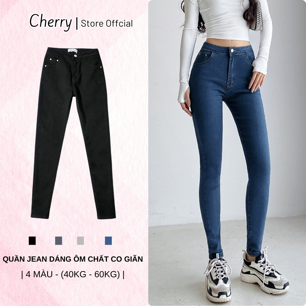 Quần jean nữ dáng ôm chất co giãn có túi CHERRY, quần bò nữ cạp cao ôm bigsize trơn dài basic T022