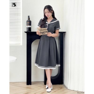 Đầm nữ Twentyfive công sở dáng dài phối cổ thủy thủ, dập ly trước ngực đi kèm nơ cài thanh lịch DL69