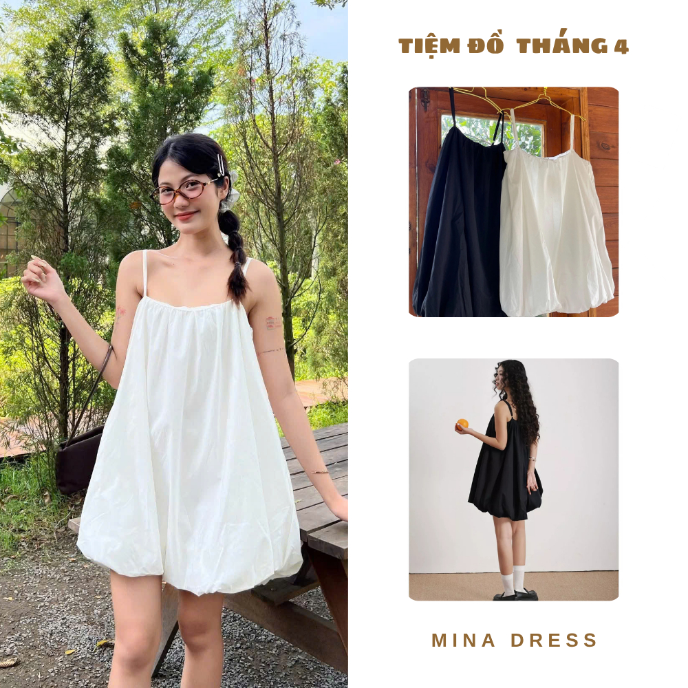 TDT4 - Đầm 2 Dây Form Bí 2 Lớp Có Lót Vải Kate Hàn Màu Đen Trắng Size S/M MINA DRESS