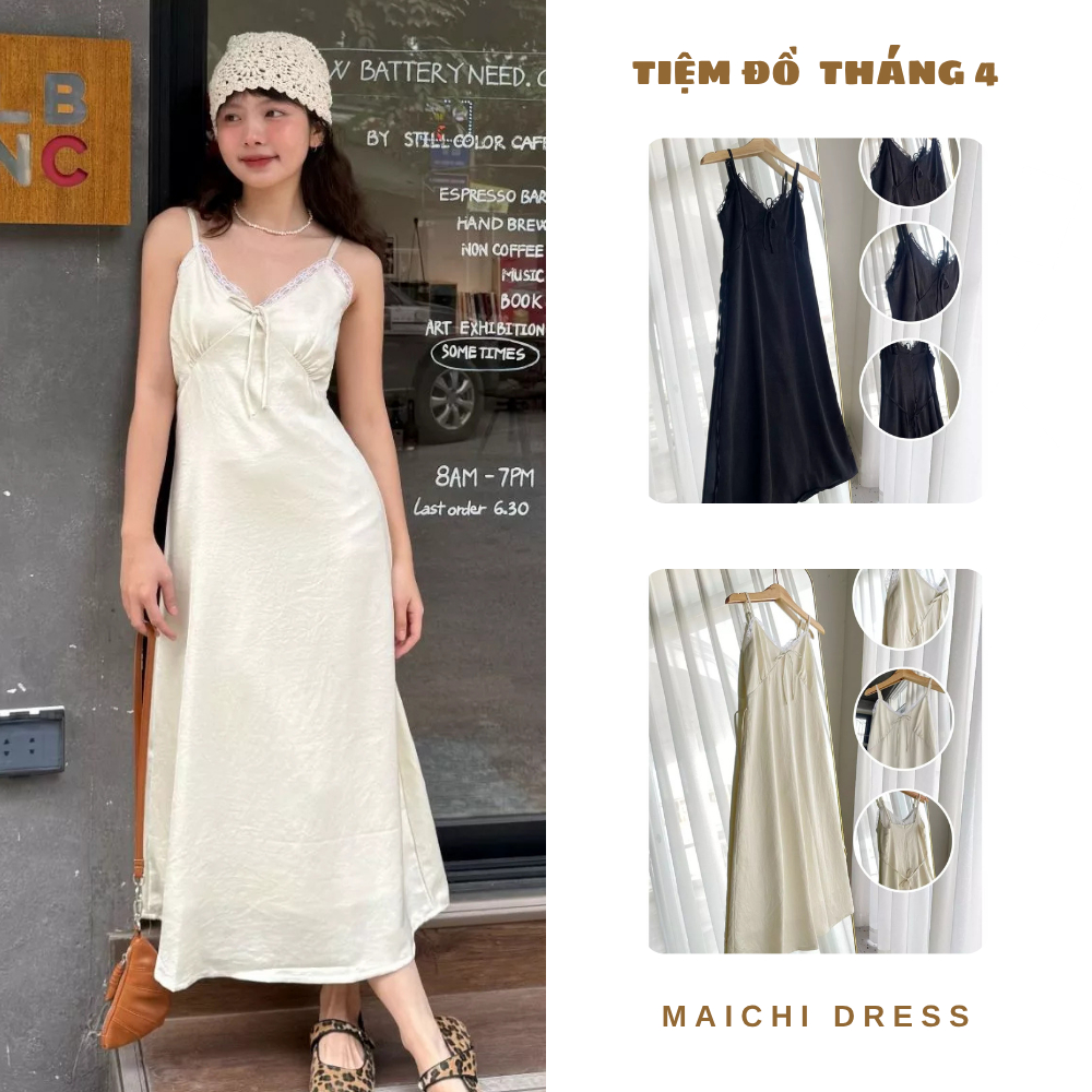 TDT4 - Đầm Lụa 2 Dây Form Suông Dáng Dài 2 Lớp Vải Lụa Màu Kem Đen Size S/M MAICHI DRESS