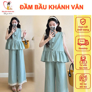 Set bộ đồ bầu, bộ bầu xinh chất lụa bò hàng cao cấp gồm áo và quần phối ren sang chảnh mẹ bầu mặc đi làm đi chơi