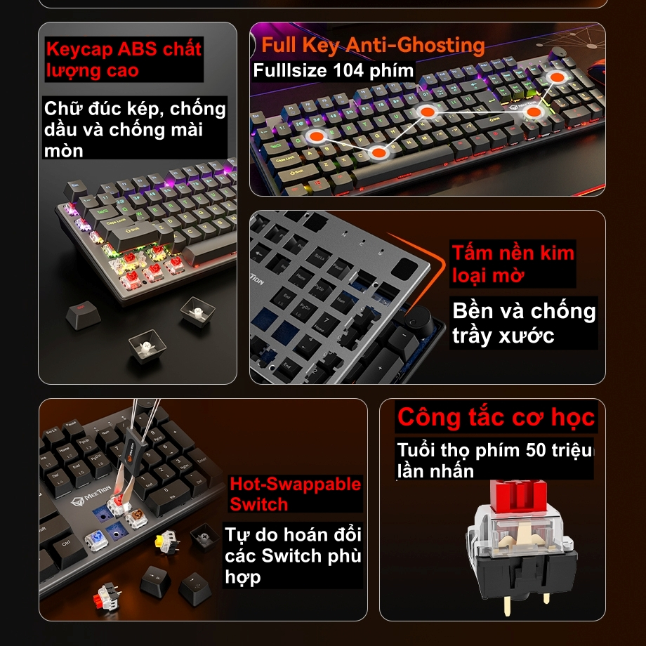 Bàn phím cơ gaming Meetion MK009 Fullsize 104 phím Hot-swappable (Red/Blue Switch), LED nền Rainbow | BigBuy360 - bigbuy360.vn