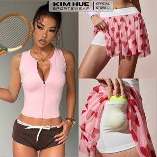 Áo sát nách hồng trơn khoá kéo-Chân váy lưới hồng cạp trắng hoạ tiết trái tim (hàng hãng)