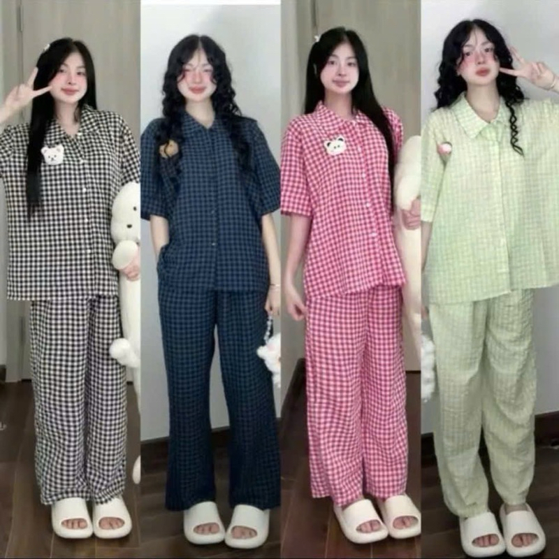 Set Bộ Ngủ Nữ Kẻ Cổ Bẻ Tay Ngắn Quần Dài D23