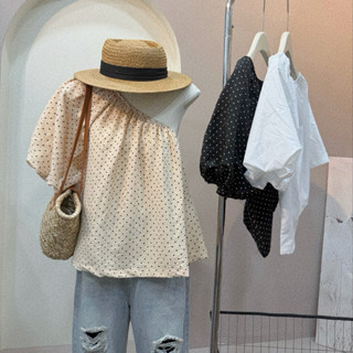 Áo kiểu lệch vai nữ dáng xoè bo chun tiểu thư