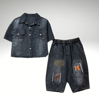 Set Jean Ngố B3 Áo Cổ Đức Khuy Bấm, Quần Ngố Bom Thêu Đắp, Thời Trang Dành Cho Nữ, Chất Jean Mềm, 2 Màu Đen Khói & Xanh