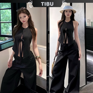 Set Áo Gile Cổ Tròn Kẻ Sọc Thắt Nơ Phối Quần Dài Ống Rộng TIBU Set Đồ Nữ Sang Chảnh Đi Chơi Dự Tiệc Mùa Hè B485